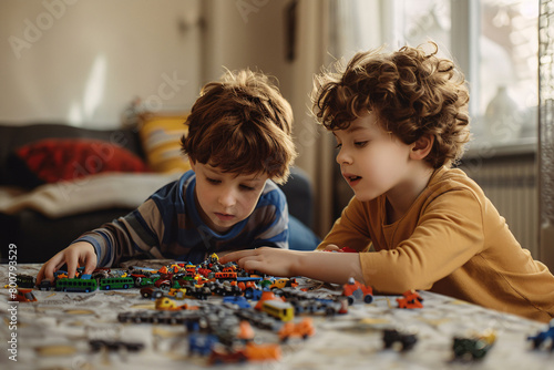 sons share a playful moment with colorful building blocks
 photo