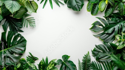 Green plants border a blank banner for text