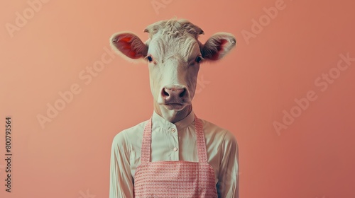 A cow wearing an apron is standing in front of a pink background. The cow is looking at the camera with a serious expression. photo