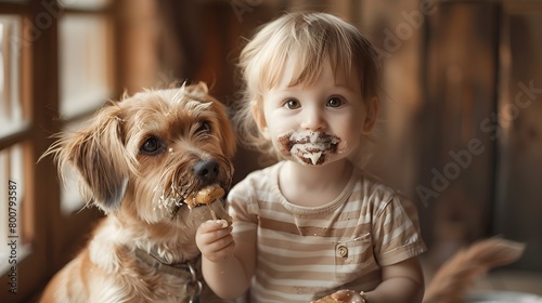 Delighted Toddler Sharing Snack with Adoring Tail Wagging Dog in Cozy Rustic Interior
