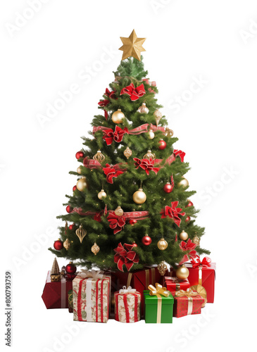 Decorated Christmas tree with a star topper, festive ornaments, and a pile of colorful gifts isolated on a transparent background. Generative AI