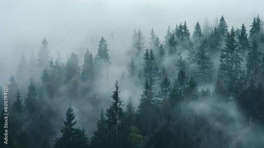 A serene morning view of a dense forest shrouded in mist, with evergreen trees piercing through the fog.