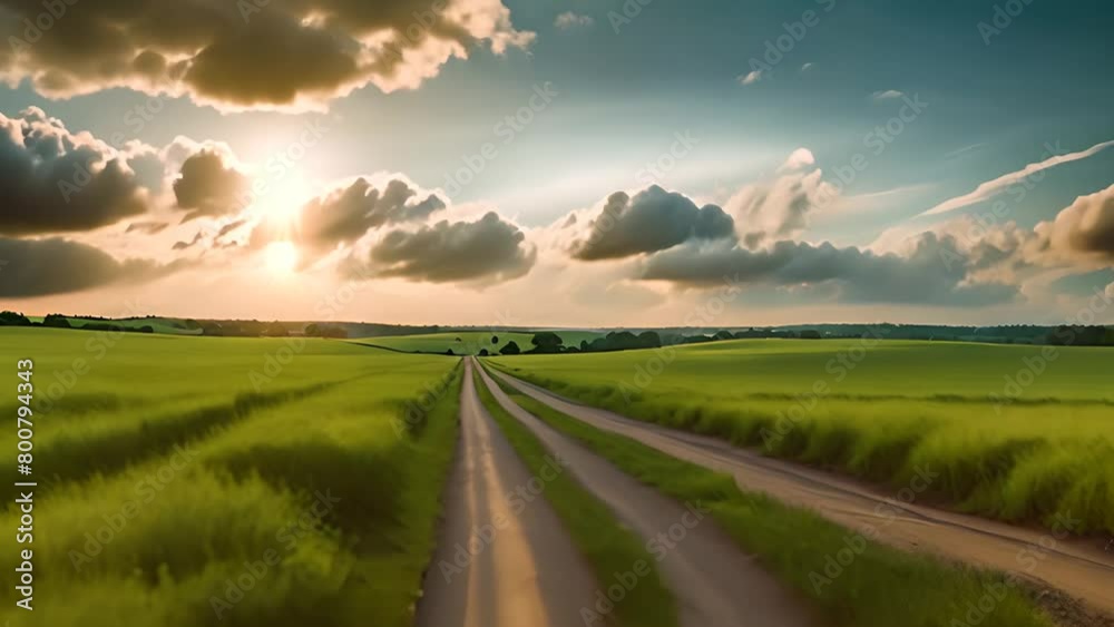 Dirt Road Cutting Through Lush Green Field Generative AI