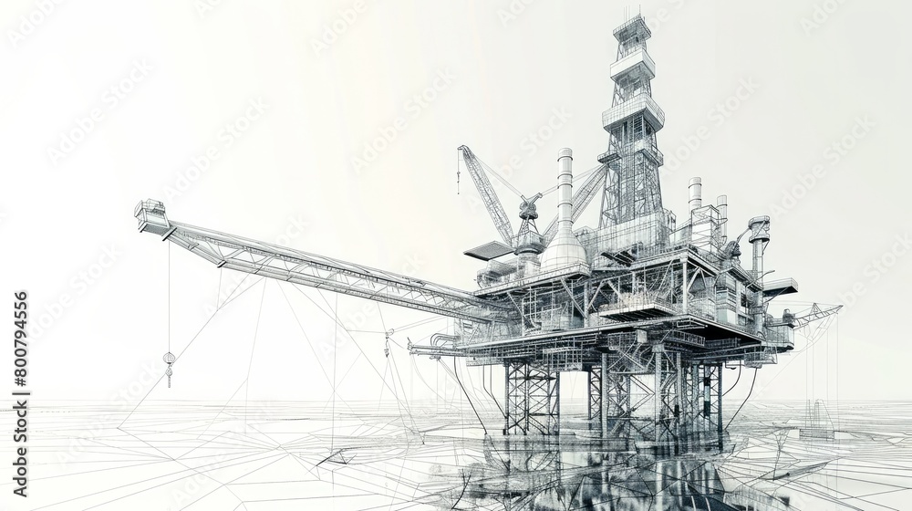 Oil Rig Vector Line A wire-frame style vector rendering in 3D portrays the concept of an ...