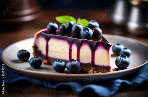 Blueberry cheesecake that literally melts on your tongue, with the bright taste of ripe berries mixed with a creamy base photo