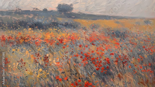 impasto oil painting of farmhouse vintage landscape red poppy wildflower  field  wall art, digital art print, HD background, wallpaper, banner