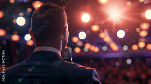 Motivational male speaker with microphone on stage, closeup with a background.Generative AI.