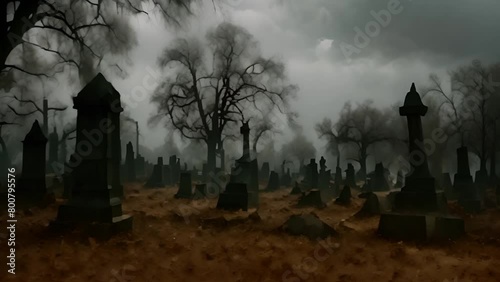 Graveyard Filled With Tombstones Under Cloudy Sky Generative AI photo
