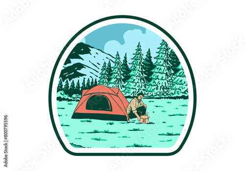 Camping alone in nature. Vintage outdoor illustration badge design