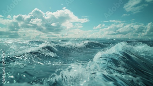A boat sailing on the ocean, with waves crashing against the hull and seagulls flying overhead. The endless expanse of the water stretches out to the horizon.