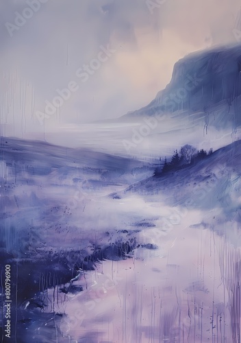 Abstract Water color painting of lilac moody farmhouse vintage landscape mountain and the field wall art, digital art print, HD background, wallpaper, banner