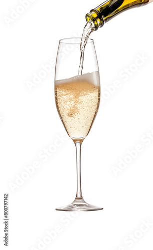 Sparkling champagne poured into a flute glass, capturing the vibrancy and golden hue, on a transparent background. Generative AI