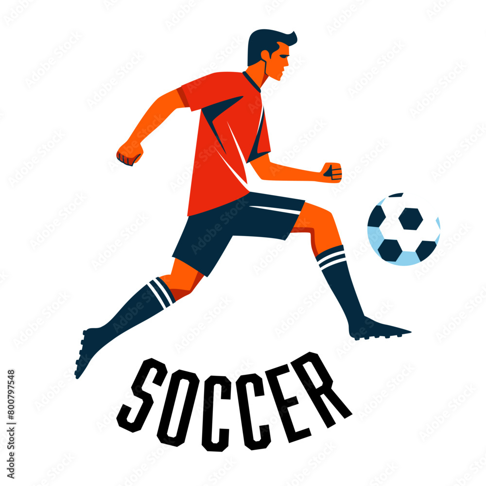 Soccer player kicking ball. Fitness concept. Flat vector illustration on white background