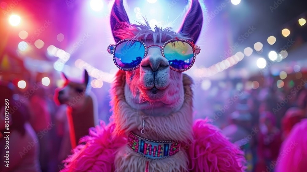 Naklejka premium A party llama wearing vibrant sunglasses and festive attire celebrates amidst a lively and colorful event atmosphere.