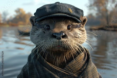 An otter wearing a traditional Asian conical hat and robe stands peacefully by a serene lake, evoking a tranquil scene.