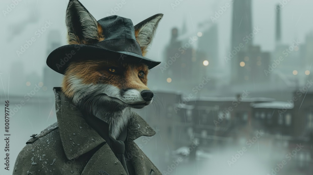 Naklejka premium A fox character styled as a detective with a hat and trench coat, standing in a snowy urban environment.
