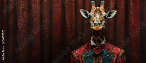 A giraffe stands in a majestic pose, adorned in a colorful vintage circus outfit, against a patterned backdrop.