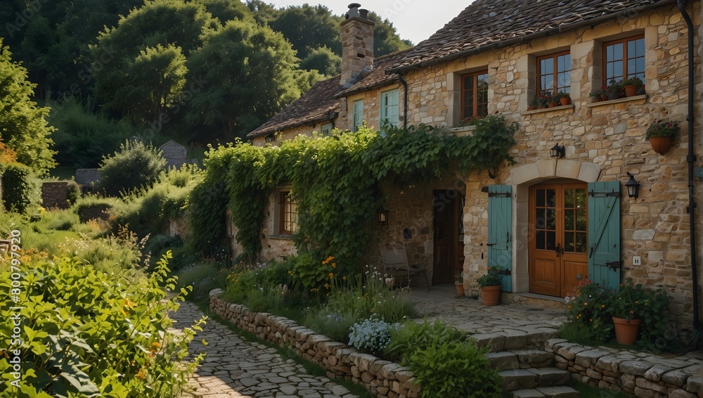 Rustic house in a quaint village, surrounded by blooming gardens and ivy creeping up its stone walls ai_generated Rustic house in a quaint village, surrounded by blooming gardens and ivy creeping up its stone walls ai_generated