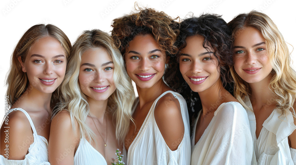 Diversity group of happy people, Group of young women with different nationalities smiling together, isolated on transparent background