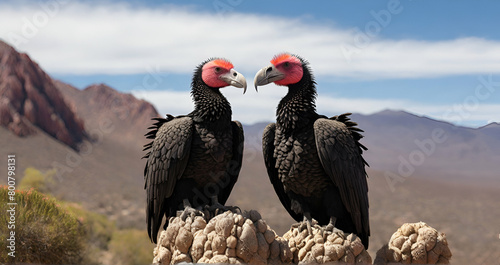 Two condors perched on Mexican giant cardon cactus in the mountain range ai generative photo