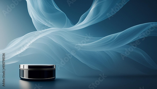 Dark transparent cosmetic can against an elegant blue background.