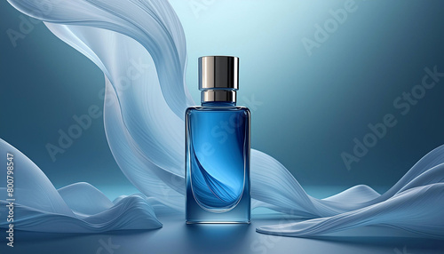Transparent cosmetic bottle against elegant blue background.