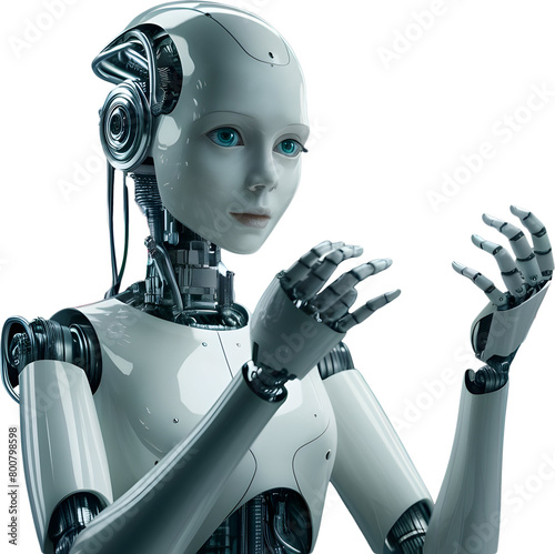 3d render of a robot in action, female humanoid on a transparent background, png