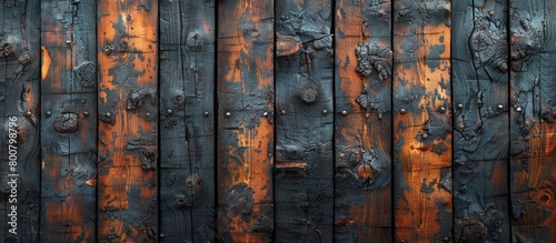 Close up of a textured wooden wall showing signs of aging with rust spots and peeling paint