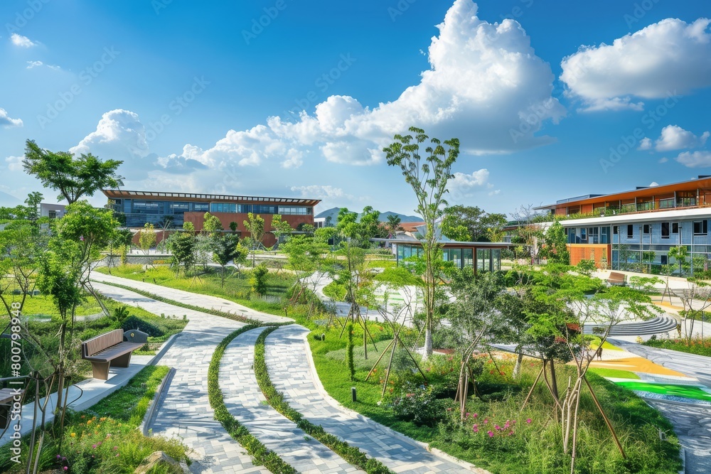 A school campus surrounded by nature