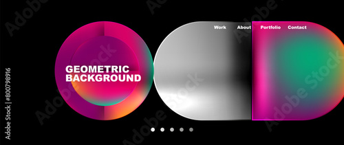 Automotive lighting product featuring a geometric background with colorful circles on a black background. Includes rectangles, magenta circles, and electronic gadget technology