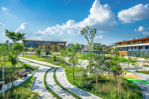 A school campus surrounded by nature