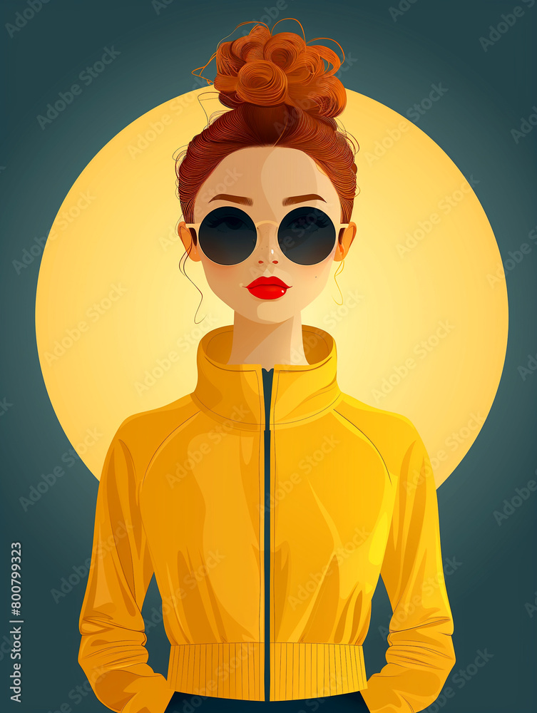 A woman in a yellow jacket with sunglasses on her face A woman in a yellow jacket with sunglasses on her face