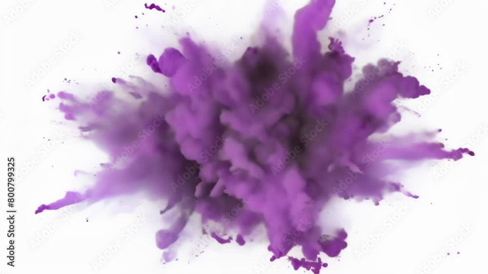 Vibrant purple powder explodes chaotically, dispersing particles in all directions against a clean white background. Vibrant purple powder explodes chaotically, dispersing particles in all directions against a clean white background.