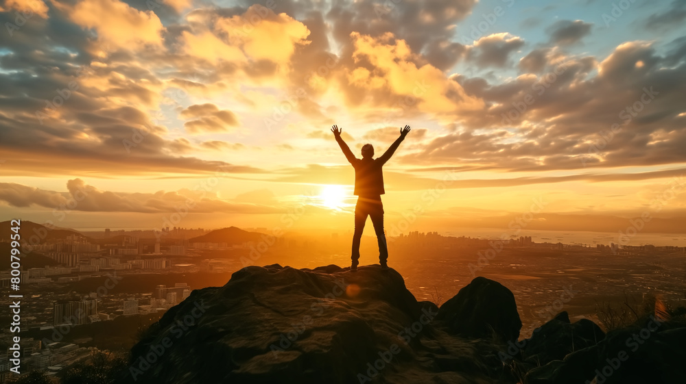 Silhouette of a man with raised arms celebrating at sunrise overlooking a sprawling city and cloudy skies.
