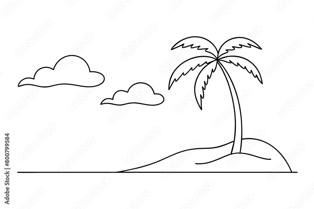 One continuous line drawing of beach with palm tree. Abstract tropical landscape with sea and clouds in simple linear style. Travel vacation in editable stroke. Doodle panoramic vector