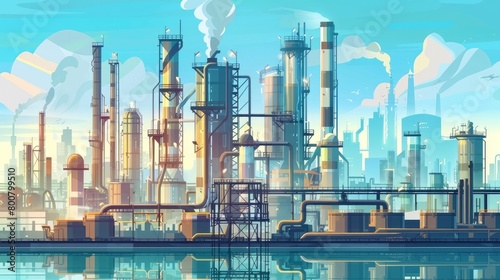 Depicting a chemical, petrochemical, or processing plant, this illustration captures the essence of heavy industry and industrial landscapes.