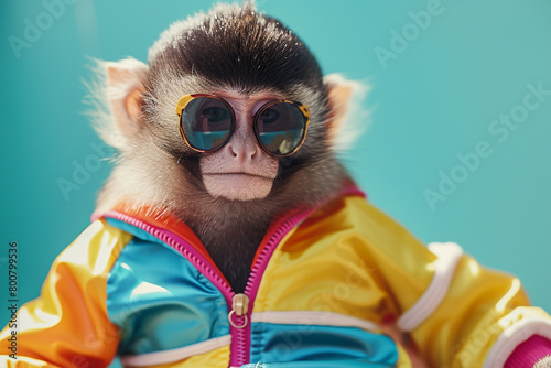 A tiny monkey in a retro tracksuit  channeling the vibes of the  80s with a modern twist
