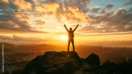 Silhouette of a man with raised arms celebrating at sunrise overlooking a sprawling city and cloudy skies.  © jirapong