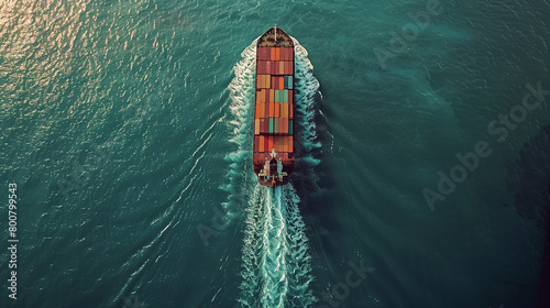 Aerial drone top view of cargo maritime ship carrying container.