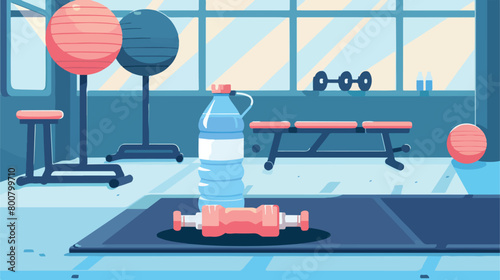 Sports water bottle with equipment on mat in gym Vector © inshal