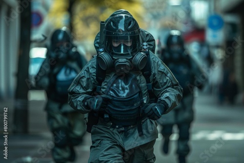 Action shot of EOD personnel in protective gear rushing to the scene of a reported bomb in a public area, showing urgency and bravery