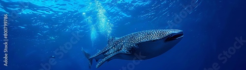 An aweinspiring underwater shot of a diver swimming alongside a massive whale shark, emphasizing the scale and gentle nature of the worlds largest fish against a deep blue backdrop #800799786