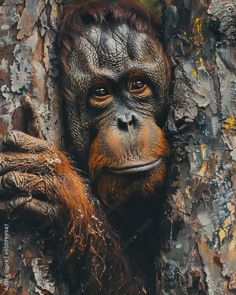 Obraz premium Closeup of an orangutan clinging to a tree in the diminishing rainforests of Borneo, highlighting the vulnerability of its habitat and the critical need for conservation