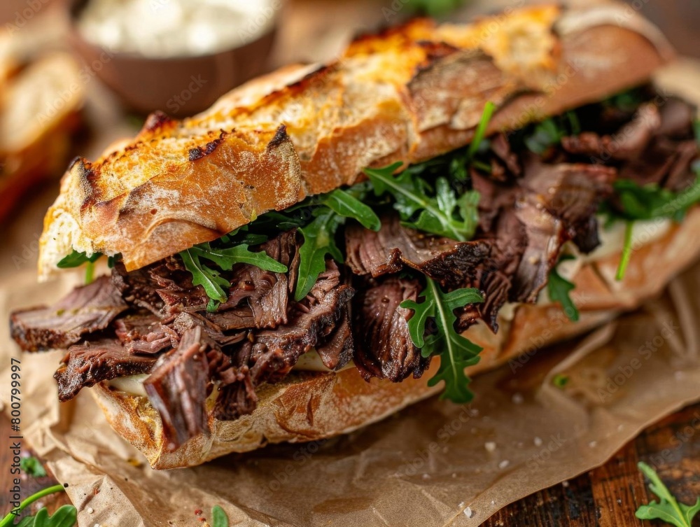 Highangle shot of a gourmet hoagie with rare roast beef, arugula, and horseradish mayo, on a crusty baguette, highlighting upscale sandwich ingredients Highangle shot of a gourmet hoagie with rare roast beef, arugula, and horseradish mayo, on a crusty baguette, highlighting upscale sandwich ingredients
