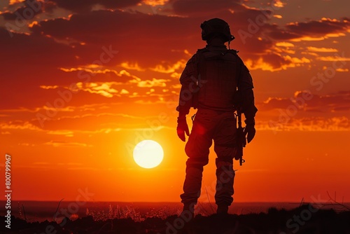 Dramatic silhouette of an EOD technician standing against a setting sun, after successfully neutralizing a threat, portraying heroism and relief