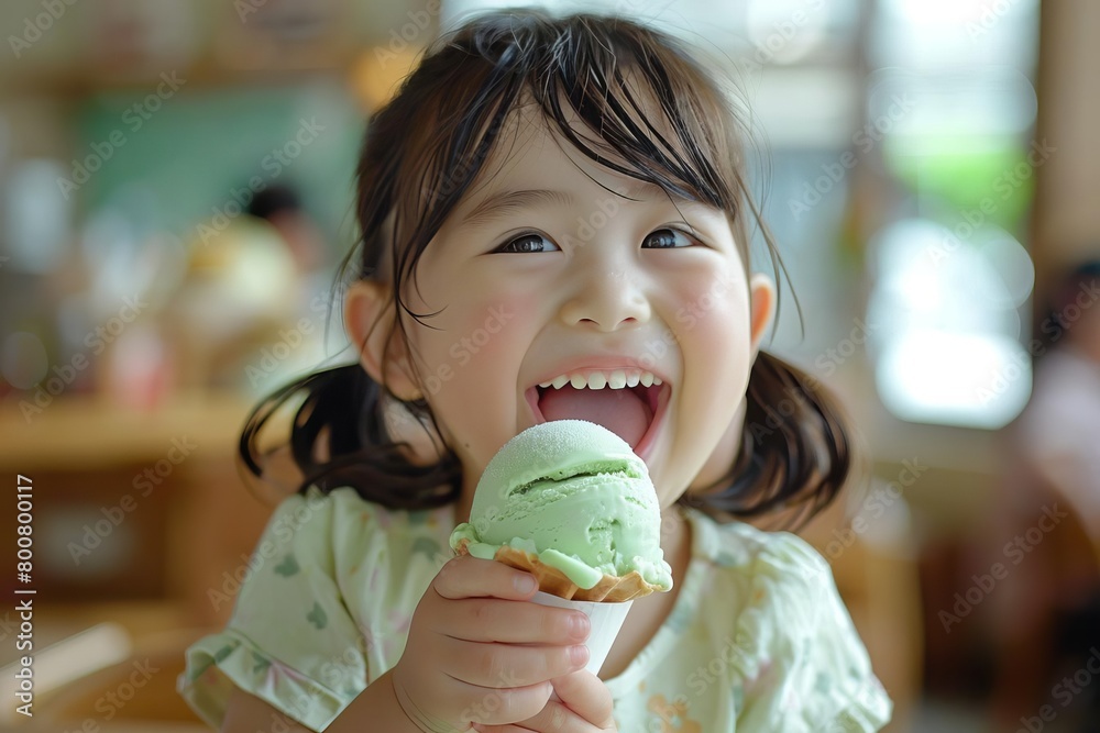 A childs delighted face as they take their first bite of a green tea mochi ice cream, focusing on the interaction and the fusion of modern and traditional tastes