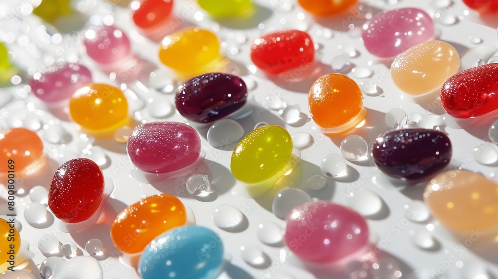 A colorful array of jelly beans scattered across a bright white surface, showcasing a variety of vibrant colors and shiny textures in a playful pattern A colorful array of jelly beans scattered across a bright white surface, showcasing a variety of vibrant colors and shiny textures in a playful pattern