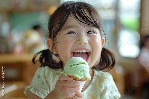 A childs delighted face as they take their first bite of a green tea mochi ice cream, focusing on the interaction and the fusion of modern and traditional tastes photo