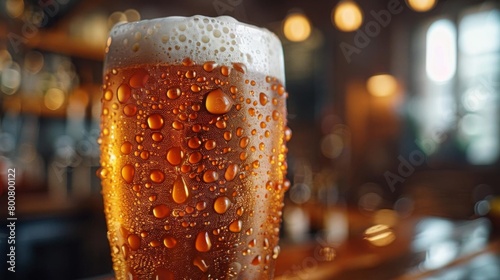 A closeup of a chilled glass of pale ale, condensation beading on the outside, with a rich, frothy head and golden amber color, set against a rustic bar backdrop
