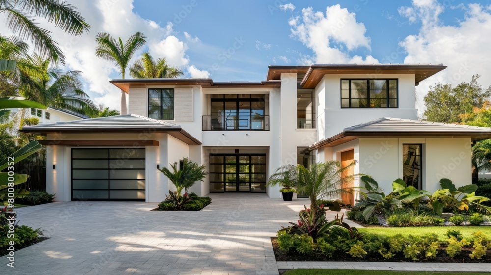 Fototapeta premium Modern 2-storey white minimalist style house. Property real estate business background.
